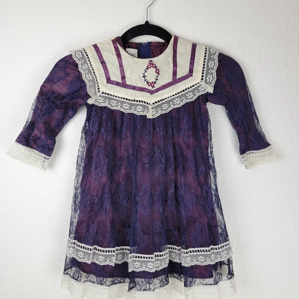 Gunne Sax Vintage Victorian Toddler Dress Lace Long Sleeve Purple Blue 4T